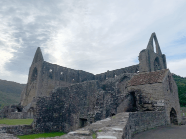 A view upward at the daunting ruin of Tintern Abbey.